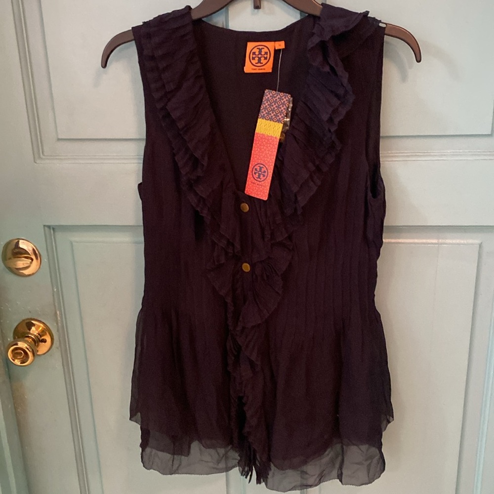 BLOW OUT SALE Tory Burch sheer v neck ruffled skeevless blouse in size 10 NWT